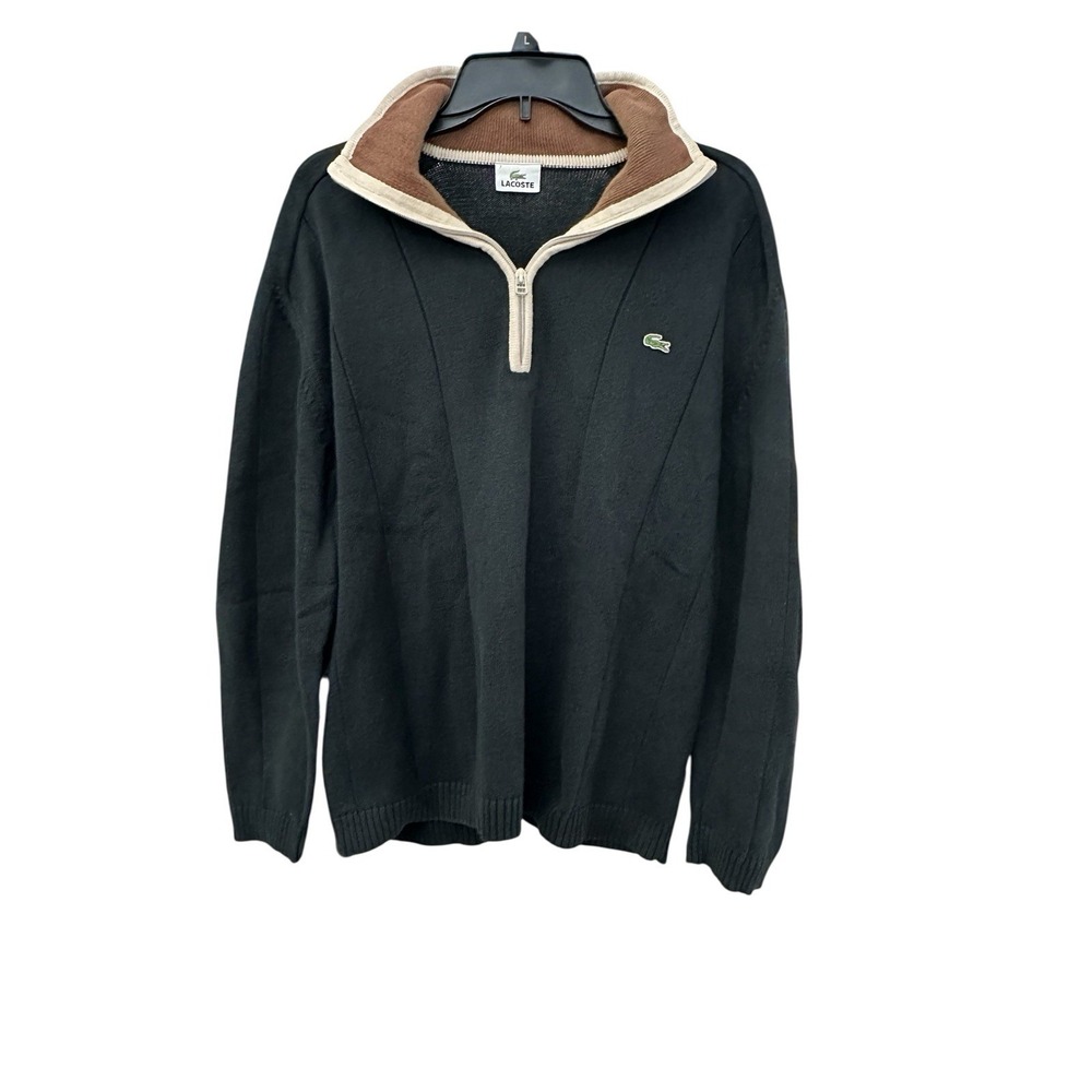 Lacoste Sweater Men Sz‎ 7/US XXL Quarter Zip Elbow Patches Black Vintage #HR-5